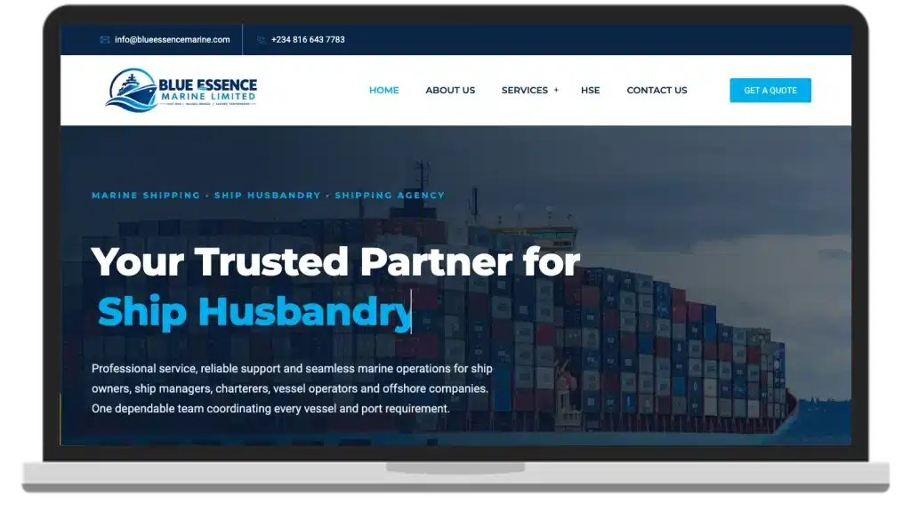 Screenshot of the Blue Essence Marine Limited website shown on a laptop, designed and developed by MEL-Technologies