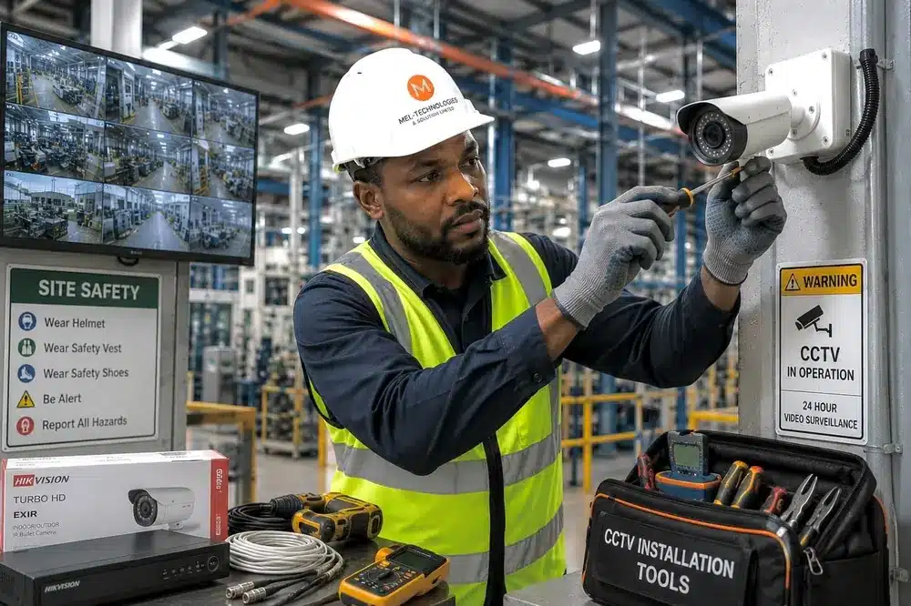 Engineer installing a CCTV camera at an industrial site for MEL-Technologies