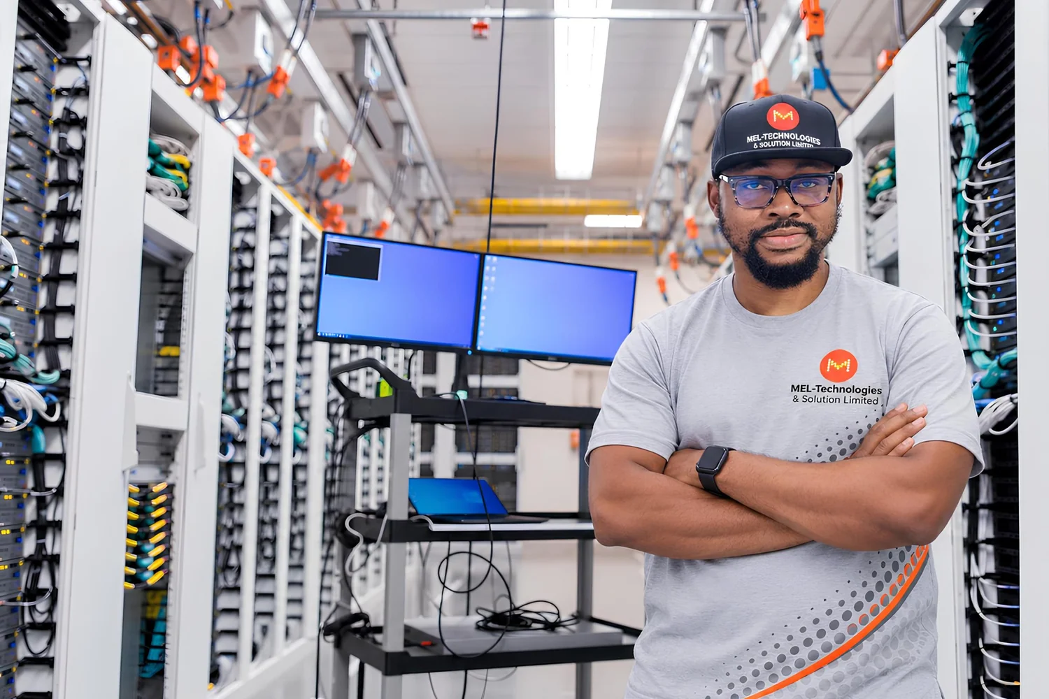 MEL-Technologies engineer standing in a data centre server room