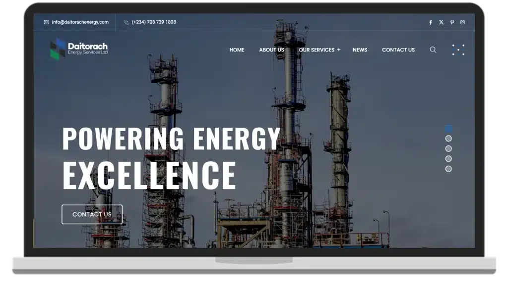 Screenshot of the Daitorach Energy Services Limited website shown on a laptop, designed and developed by MEL-Technologies