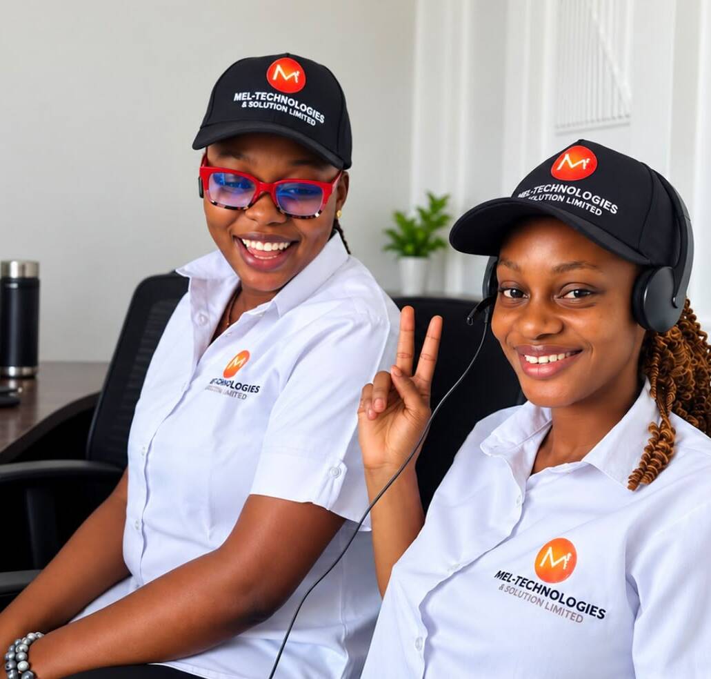 Two MEL-Technologies team members in company caps smiling at the camera