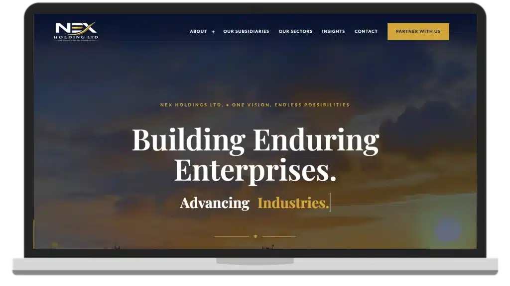 Screenshot of the Nex Holdings Ltd. website shown on a laptop, designed and developed by MEL-Technologies