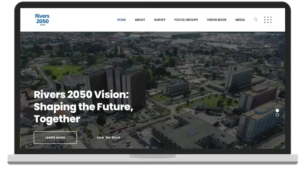 Screenshot of the Rivers 2050 Vision website shown on a laptop, designed and developed by MEL-Technologies