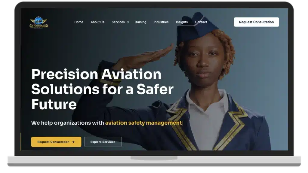 Screenshot of the SkyCommand Aviation Ltd website shown on a laptop, designed and developed by MEL-Technologies