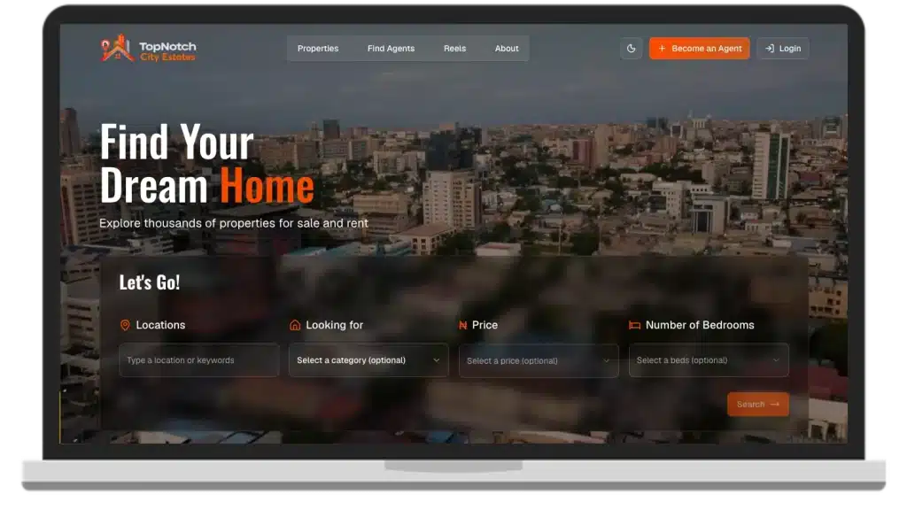 TopNotch City Estates real estate platform home page shown on a laptop, designed and developed by MEL-Technologies